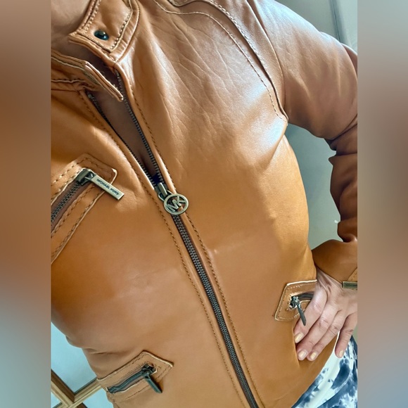 Michael KORS Leather Moto Jacket Biker Coat MK Khaki Cargo Zipper Retro City VTG - Picture 2 of 16